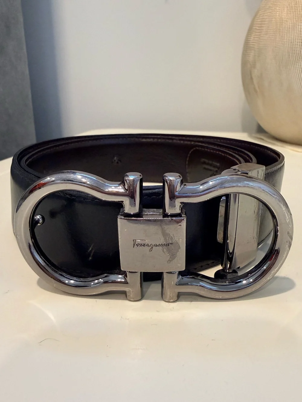 Salvatore Ferragamo Gancini Black Leather Belt with Silver Double Gancini Buckle